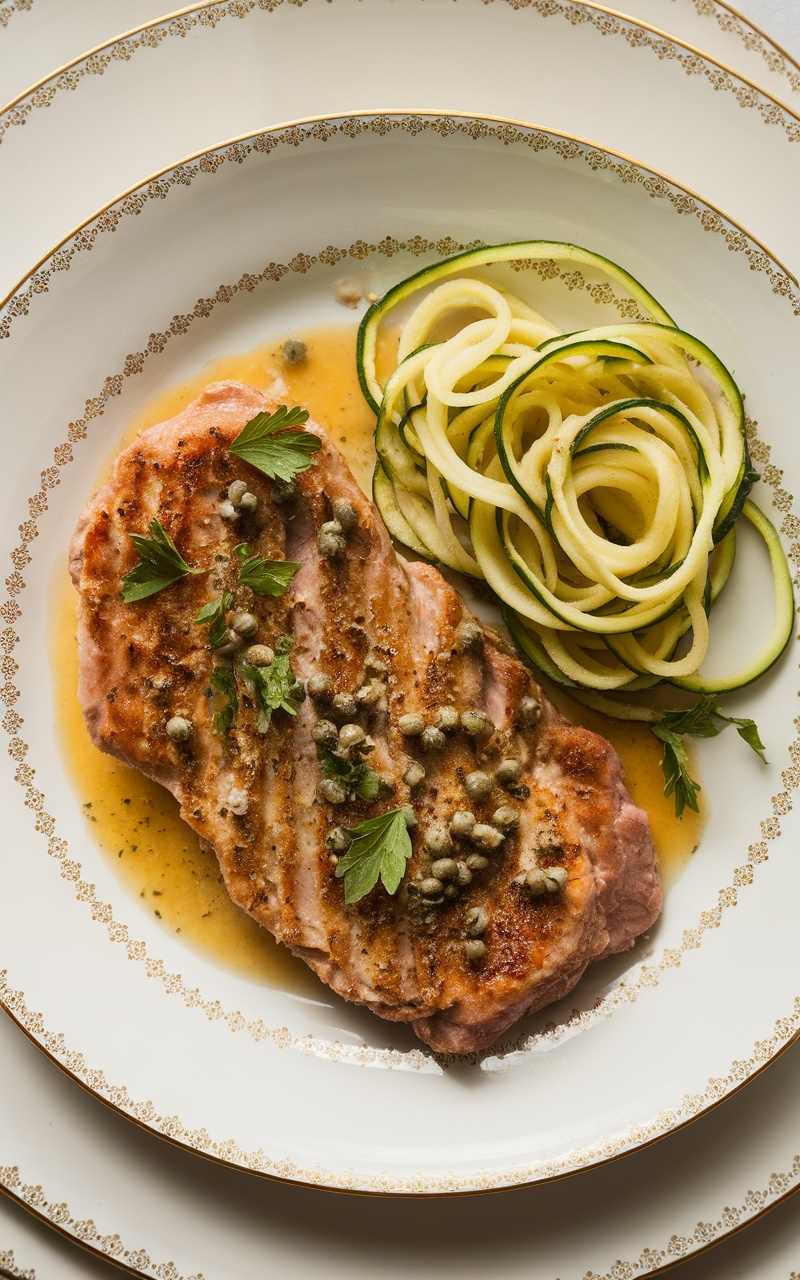 Plated veal piccata with lemon-caper sauce and zucchini noodles on a white plate.